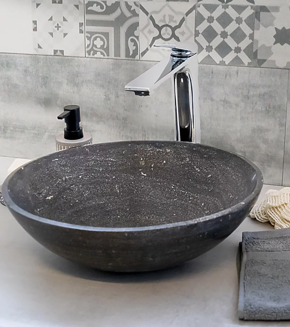 Vasque à poser en Pierre ADWA 42x13cm Gris Foncé Mat/Interieur Noir Brillant