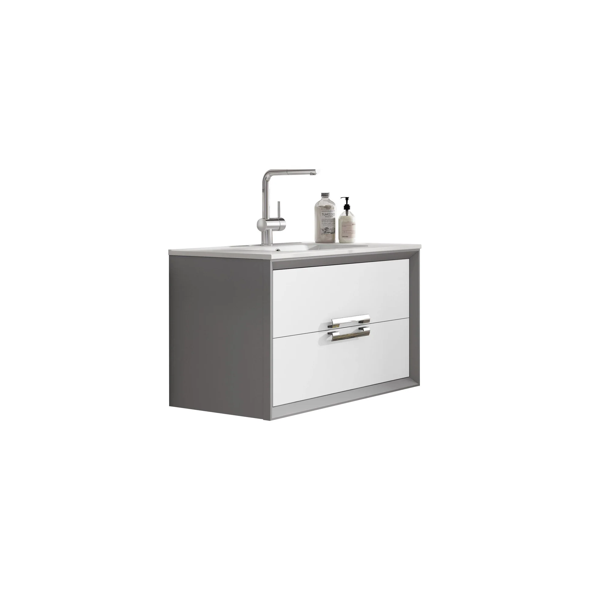 Meuble Susp 2T DECOR 100x45x55cm Gris Argent Poignées Chrome