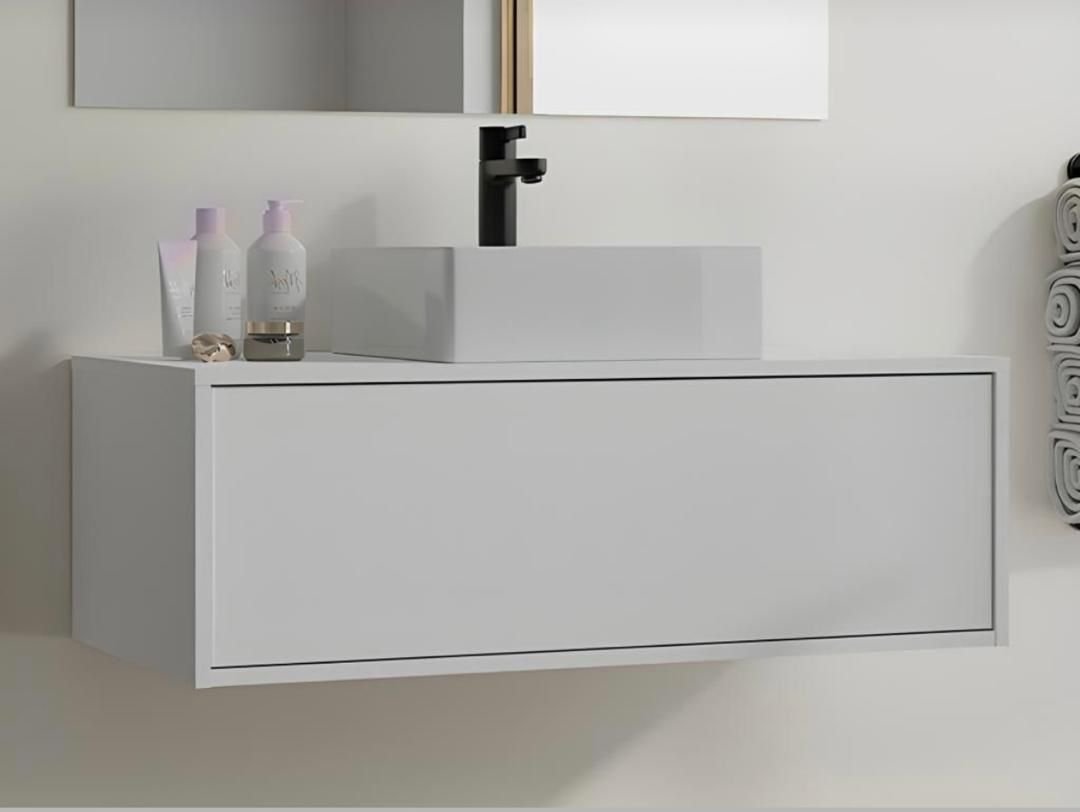 Meuble Susp 1T KAMUY + Plan en Bois pour Vasque 80x45x30cm Blanc Mat MSKB80
