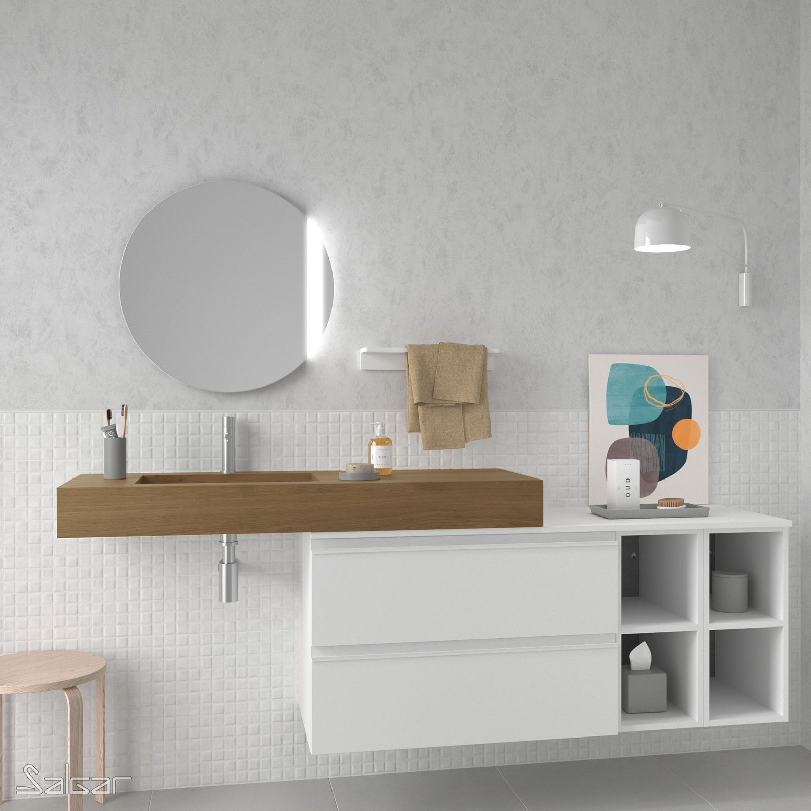 Plan avec Lavabo Droit Intégré COMPAKT46 1400mm Trou pour Mitigeur Chêne Obscur 83972
