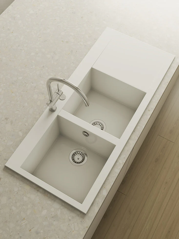 SHIRA 120 Évier en Résine 2 Bacs+Égouttoir Droit Blanc BL507DC