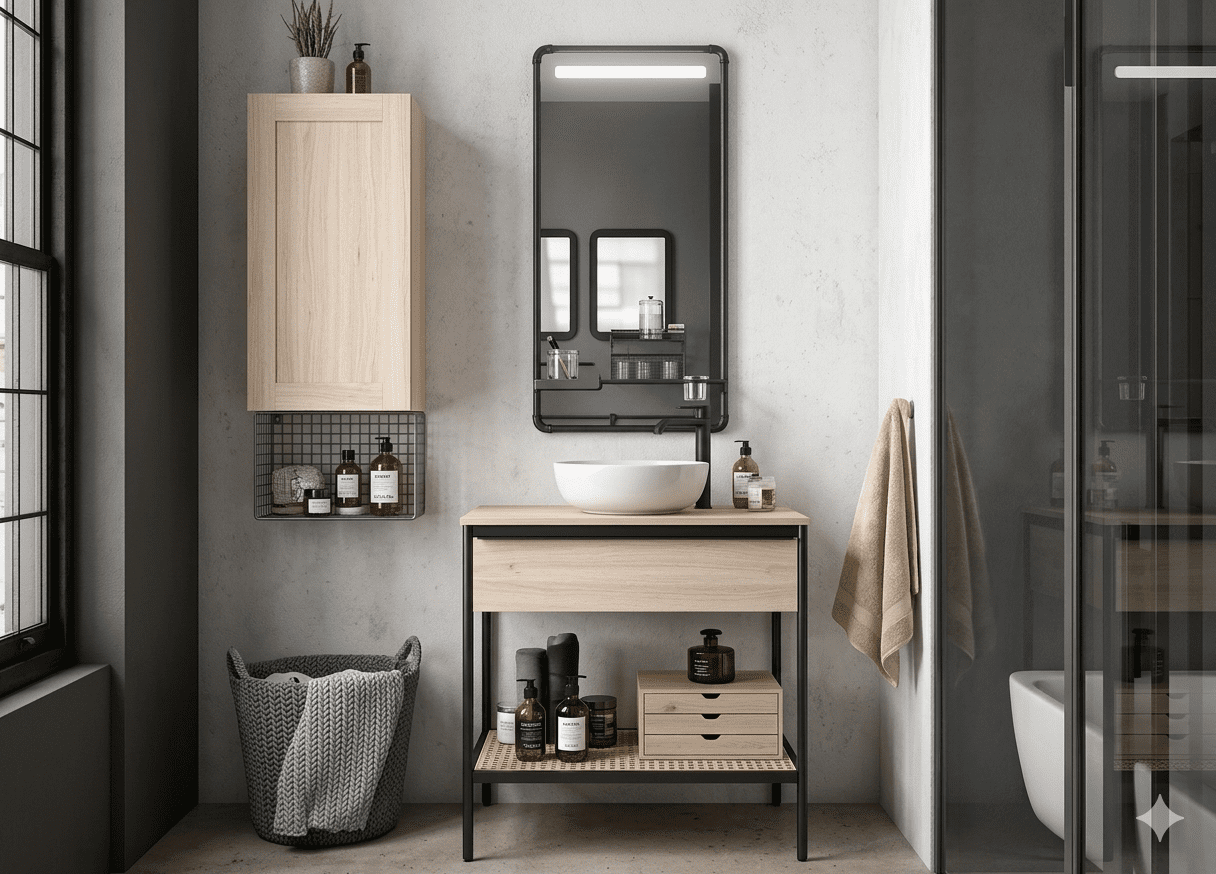 Meuble Sur Pieds 1T VINCI 80x45x85cm Chêne Aurora Profilé Noir 630579