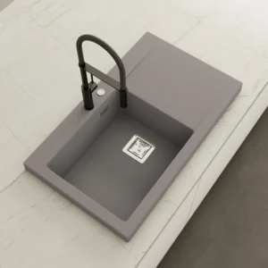 KOBUS 86 Haut Évier en Résine 1 Bac+Égouttoir Droit 85,5x52x20cm Ash Gris AS813DC