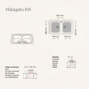 MALAQUITA Évier en Résine 2 Bacs Blanc 82,5×49,5 BL108LMC