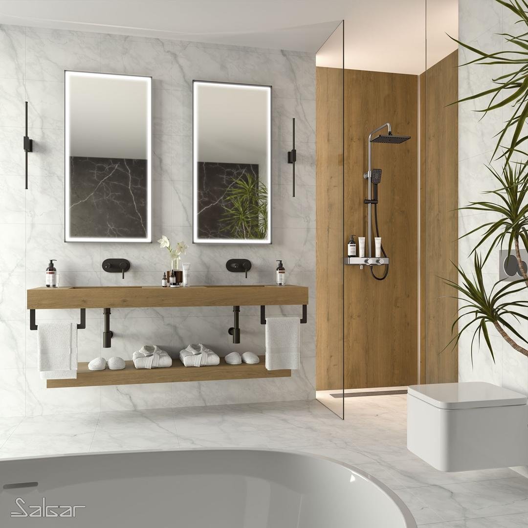 Plan avec 2 Lavabos Intégrés COMPAKT46 2300mm Trou Mitigeur Chêne Obscur 84121