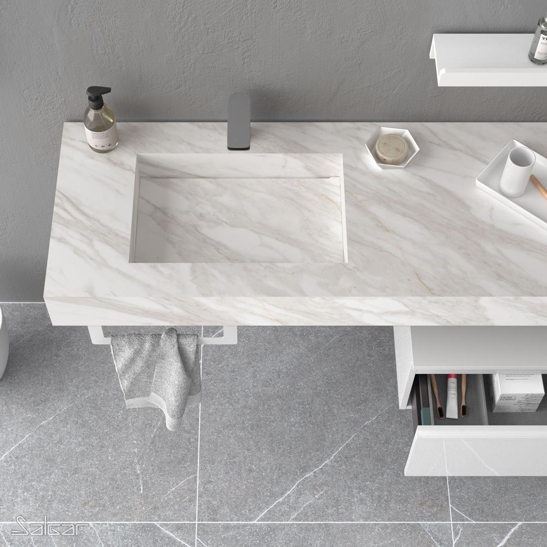 Plan avec Lavabo Gauche Intégré COMPAKT51 1000mm Mitigeur Mural Blanc Marbré 25479