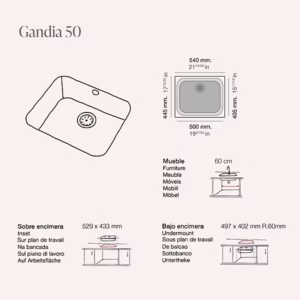 GANDIA 50 Évier en Résine 1 Bac 54×44,5x20cm Blanc Mat BL164C