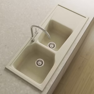 CITY Évier en Résine 2 Bacs+Égouttoir Droit 117×50,5x22cm Beige Mat PU333C