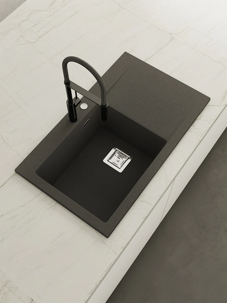 KOBUS 86 Bas Évier en Résine 1 Bac+Égouttoir Gauche 85,5x52x20cm Noir Mat BS823IC