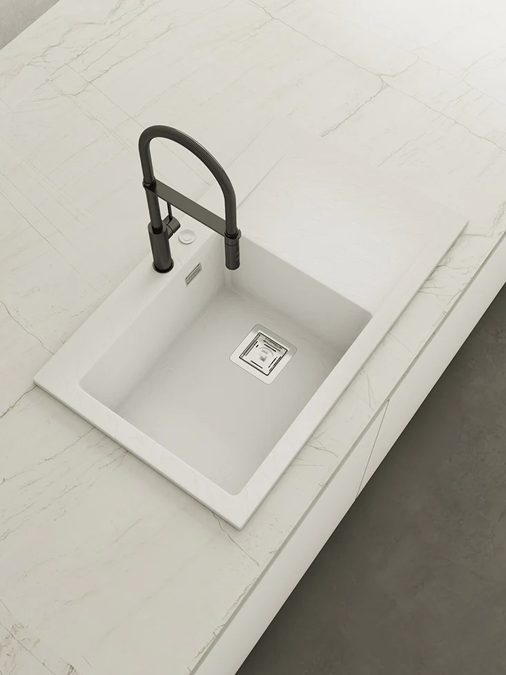 KOBUS 86 Bas Évier en Résine 1 Bac+Égouttoir Droit 85,5x52x20cm Blanc Neige SW823DC