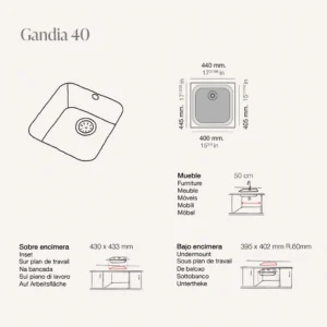 GANDIA 50 Évier en Résine 1 Bac 54×44,5x20cm Métallisé MT164C