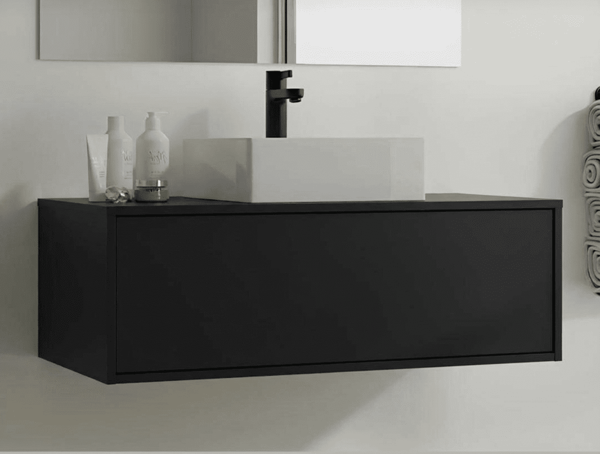 Meuble Susp 1T KAMUY + Plan en Bois pour Vasque 80x45x30cm Noir Mat MSKN80