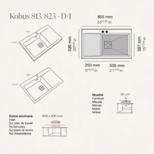 KOBUS 86 Bas Évier en Résine 1 Bac+Égouttoir Gauche 85,5x52x20cm Noir Mat BS823IC