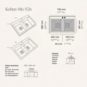 KOBUS 80 Bas Évier en Résine 2 Bacs 80x52x20cm Noir Granite Mat BS826C