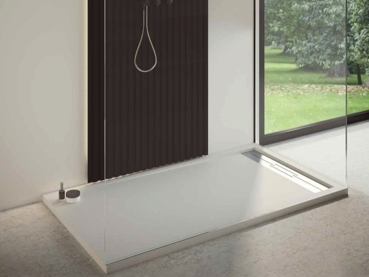 Receveur de Douche en Résine RUBI Blanc 130x80cm + Bonde + Grille Caniveau