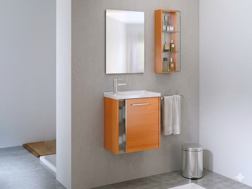 Set Meuble Susp 1P JAZZ 48x22x40cm Orange + Lav Blanc+Miroir 46x60cm NARANJA