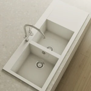 SHIRA 120 Évier en Résine 2 Bacs+Égouttoir Droit Blanc BL507DC