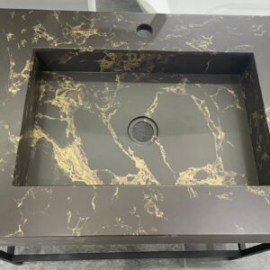 Lavabo à Fixer en Pierre MICROPLUS 96x46x12cm Or Brun avec trou pour Mitigeur+ Kit de Fixation