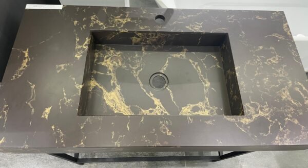 Lavabo à Fixer en Pierre MICROPLUS 96x46x12cm Or Brun avec trou pour Mitigeur+ Kit de Fixation