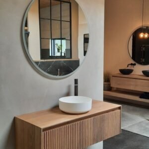 Meuble Susp 1T ETNA Noix Avec Rayures+Plan en Bois pour Vasque Anthracite 101x46x30cm ENPM100