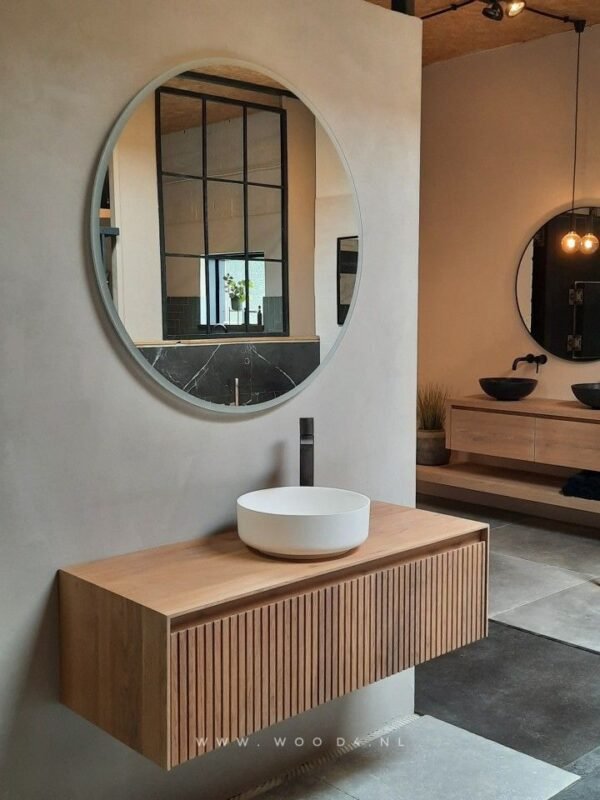 Meuble Susp 1T ETNA Noix Avec Rayures+Plan en Bois pour Vasque Anthracite 101x46x30cm ENPM100