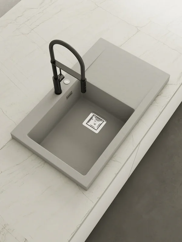 KOBUS 86 Bas Évier en Résine 1 Bac+Égouttoir Droit 85,5x52x20cm Ash Gris AS823DC