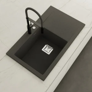 KOBUS 86 Bas Évier en Résine 1 Bac+Égouttoir Gauche 85,5x52x20cm Noir Mat BS823IC