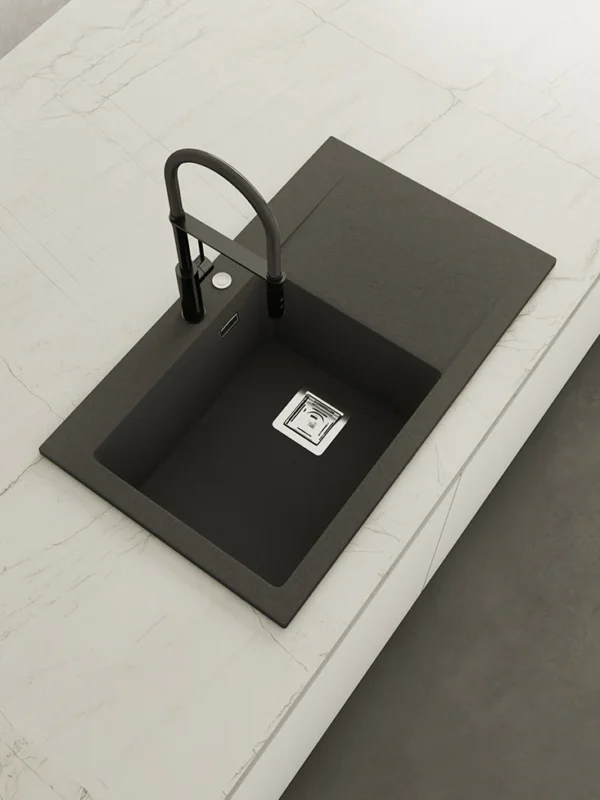 KOBUS 86 Bas Évier en Résine 1 Bac+Égouttoir Gauche 85,5x52x20cm Noir Mat BS823IC
