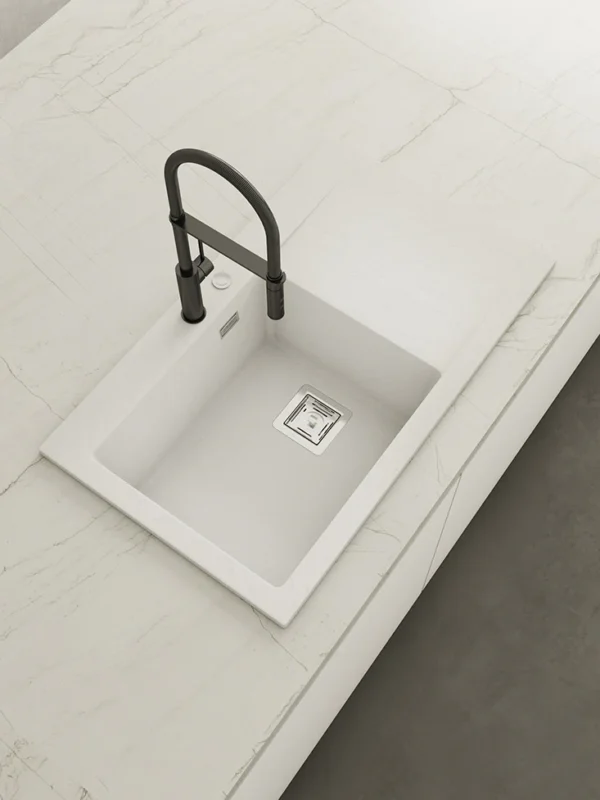 KOBUS 86 Bas Évier en Résine 1 Bac+Égouttoir Droit 85,5x52x20cm Blanc Neige SW823DC