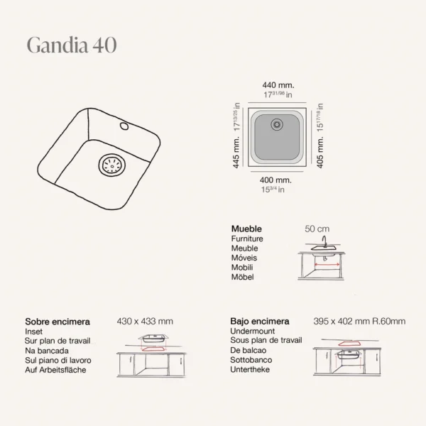 GANDIA 50 Évier en Résine 1 Bac 54x44,5x20cm Métallisé MT164C – Image 2