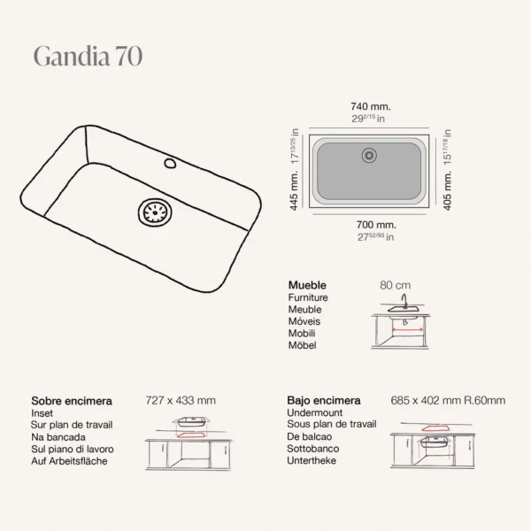 GANDIA 70 Évier en Résine 1 Bac 74x44,5x20cm Blanc Cassé(Pergamon) PG165C – Image 2