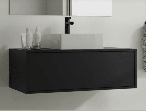 Meuble Susp 1T KAMUY + Plan en Bois pour Vasque 80x45x30cm Noir Mat MSKN80