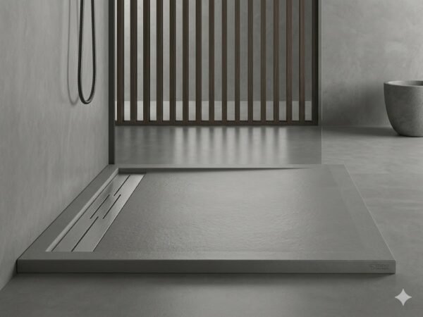 Receveur de Douche en Résine DRACO Gris Ciment 100x80cm + Bonde + Grille Caniveau