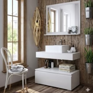 Set Meuble Susp 1T+ Plan en Bois pour Vasque+ Miroir Étagère 90cm Blanc Boisé