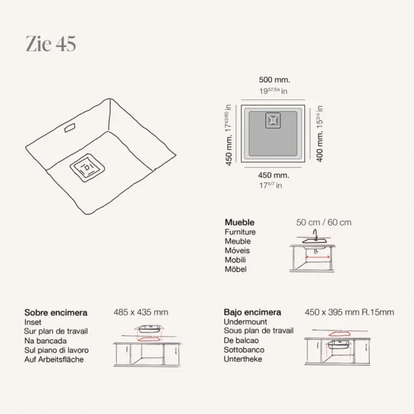 ZIE 45 Évier en Résine 1 Bac 50x45x20cm Blanc Mat BL181LMC – Image 2